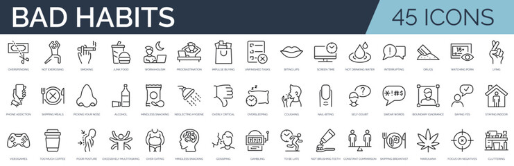 Set of 45 outline icons related to bad habits. Linear icon collection. Editable stroke. Vector illustration