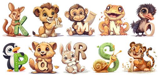 Fototapeta premium Cute animal alphabet Clipart abc Bundle a - j, png, generated ai