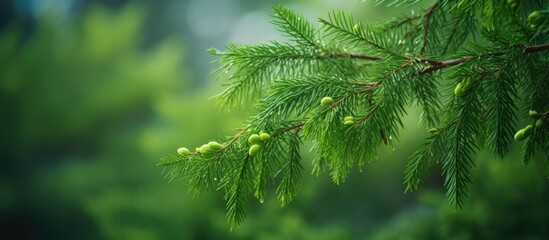 Fototapeta premium A copy space image showcases the exquisite green leaves of evergreen Thuja trees against a vibrant green backdrop featuring small cones dangling from the branches