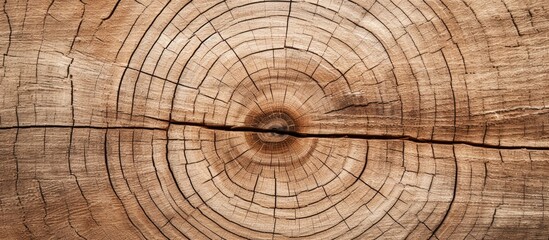 Naklejka premium A copy space image of a textured wood background displaying a top cut of a tree trunk with rings and a rough surface