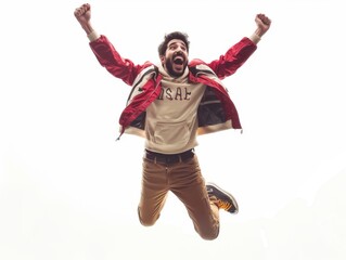 Energetic Leap: Occidental Man in Baseball Jacket, White Background