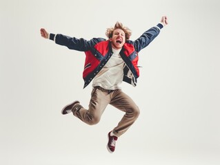 Obraz premium Energetic Leap: Occidental Man in Baseball Jacket, White Background