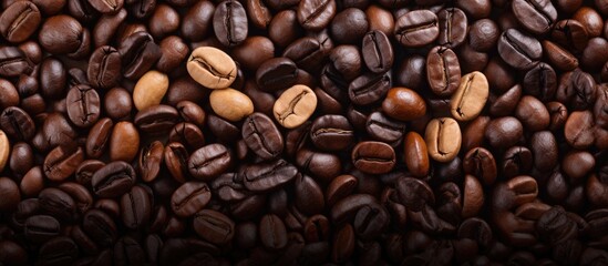 Naklejka premium A close up view of a background with roasted coffee beans showing a mixture of various types of coffee beans The image has copy space