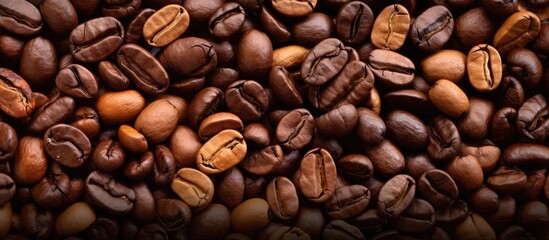 Obraz premium A close up view of a background with roasted coffee beans showing a mixture of various types of coffee beans The image has copy space