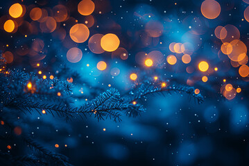 Blue sky with a tree branch and snowflakes falling. The snowflakes are scattered throughout the sky, creating a sense of movement and liveliness