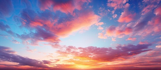A dramatic sunset fills the sky with vibrant multi colored hues while clouds blanket the landscape...