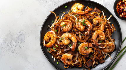 Mouthwatering malaysian cuisine: stir-fried shrimp, savory noodles, and fresh veggies on a plate