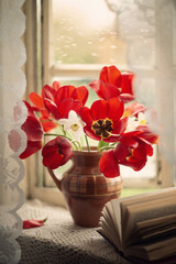 Still-life. Photo of a bouquet of red tulips with daffodils near the window.