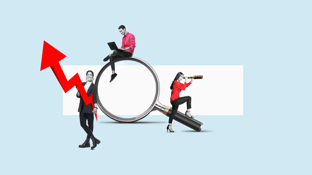 A man with a laptop and woman with telescope on a big magnifying glass. Art collage. Searching for information on the internet concept.
