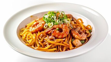 Traditional malaysian stir-fried noodles with juicy prawns and fresh scallions, served on a pristine white plate against a white backdrop