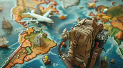 Global Adventure: Map with Pins on Exotic Destinations, Backpack, Camera, and Flying Airplane