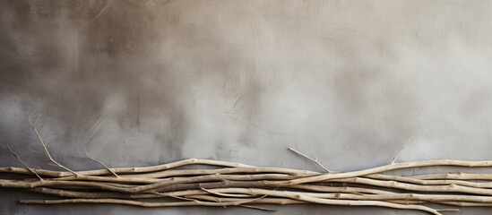 A bundle of dry wooden sticks and twigs on a textured cement surface providing a background for...