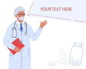 Physician with speech bubble. Empty speech bubble for the text. Place for a message or advertisement. Doctor pointing at copy space. Flat cartoon vector illustration
