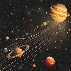 Illustrations of the solar system and its planets.