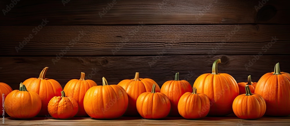 Poster A copy space image featuring a cluster of small pumpkins arranged on a rustic wooden surface