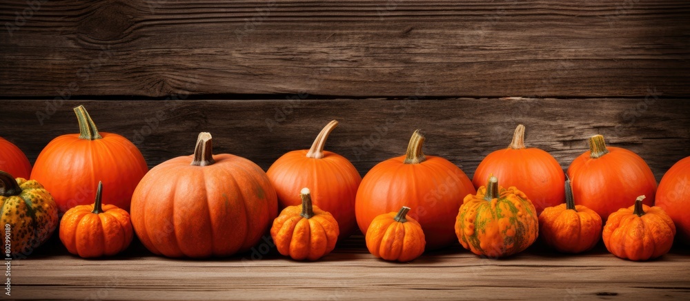Poster A copy space image featuring a cluster of small pumpkins arranged on a rustic wooden surface
