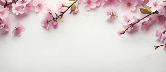 Fototapeta premium A copy space image with pink almond flowers in bloom forming a delicate frame on a blank sheet of paper