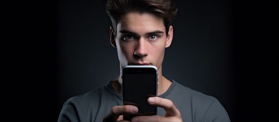 A copy space image of a young man holding a smartphone is shown in a close up portrait against a gray background