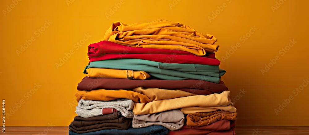 Aufkleber A close up front view of a stack of vibrant clothes on a brown background with a copy space image
