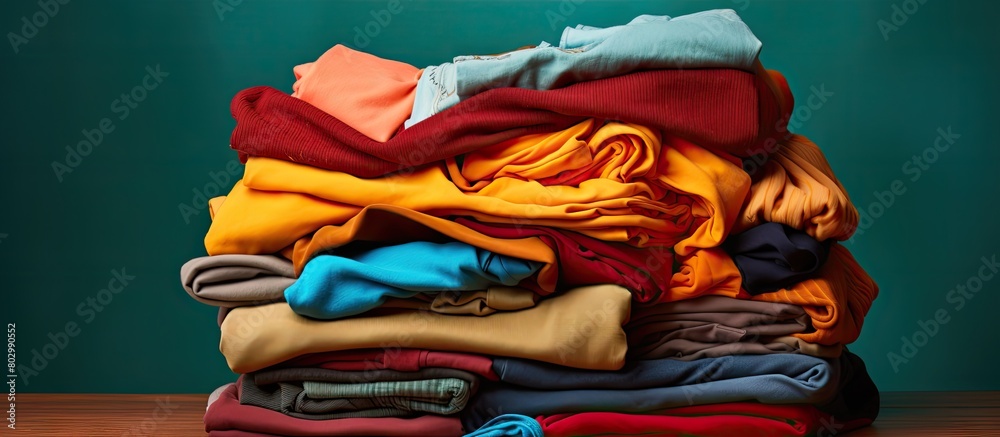 Poster A close up front view of a stack of vibrant clothes on a brown background with a copy space image