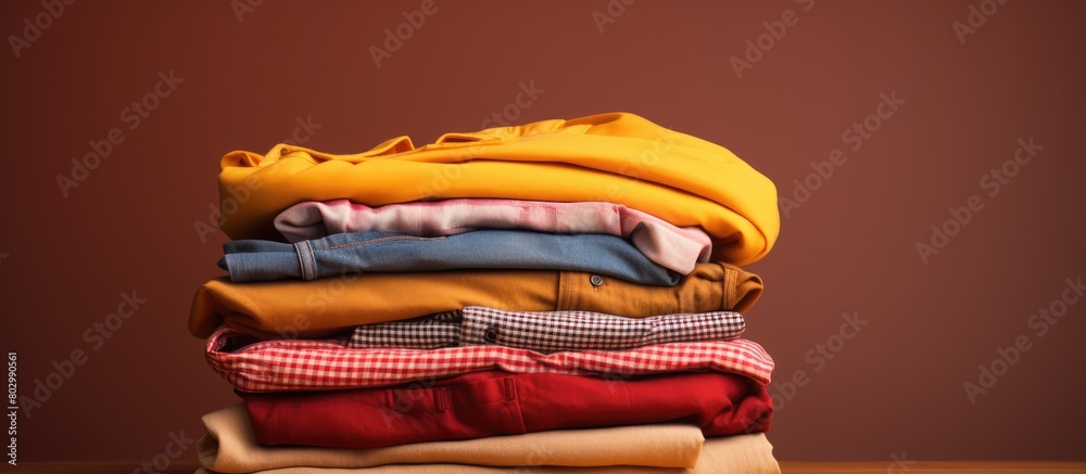 Poster A close up front view of a stack of vibrant clothes on a brown background with a copy space image