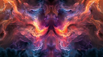 A vibrant nebula in space forms a mesmerizing symmetrical pattern with swirling colors of orange, blue, and purple, creating an abstract and cosmic work of art.