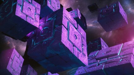 Cosmic Cubes Floating Purple and Blue Cubes in Space