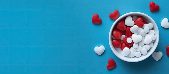 A blue background with a white bowl holding blue medical capsules and a red heart symbolizing the prevention and treatment of cardiovascular diseases Celebrating Valentine s day and world pharmacist