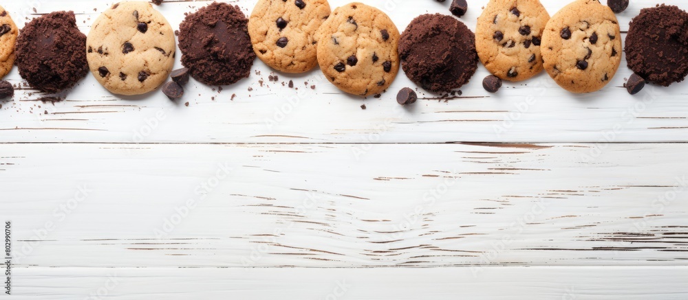 Poster a border of oatmeal and chocolate drop cookies arranged on a white wooden background leaving copy sp