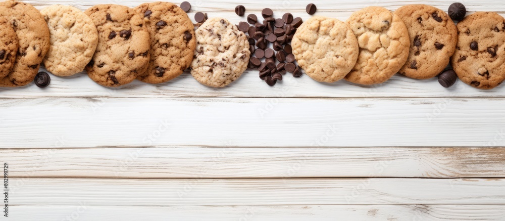 Poster a border of oatmeal and chocolate drop cookies arranged on a white wooden background leaving copy sp