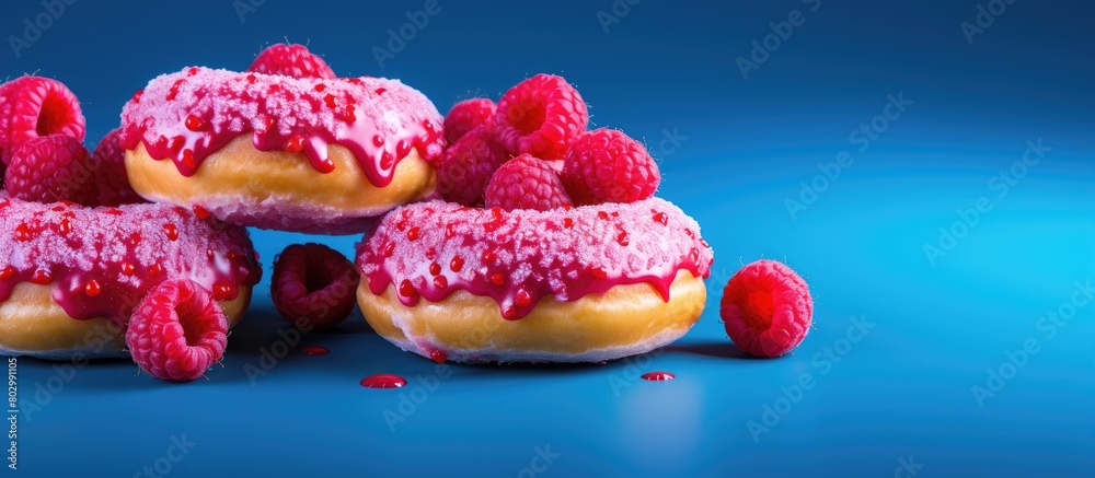 Fototapete a copy space image of raspberry donuts placed on a dark blue backdrop gives a vibrant and appetizing