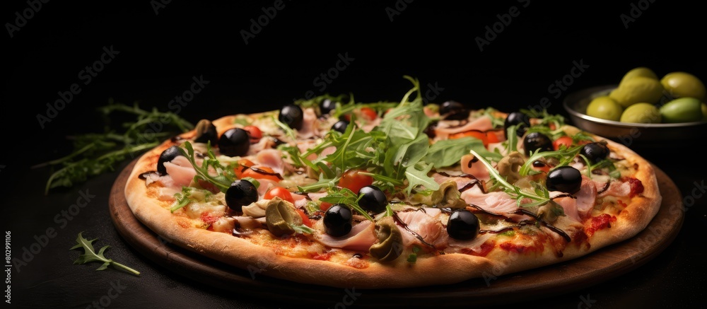 Aufkleber a delicious homemade pizza topped with freshly baked tuna ham basil arugula black olives and broccol