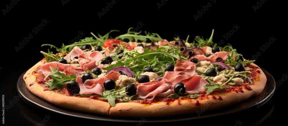 Aufkleber a delicious homemade pizza topped with freshly baked tuna ham basil arugula black olives and broccol