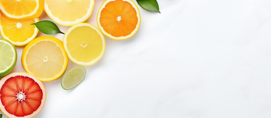 A copy space image of citrus slices including lemon and orange resting on a pristine white marble surface