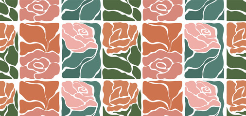 Groovy flowers and leaves seamless pattern. Romantic roses aesthetic contemporary vector design for textile prints.