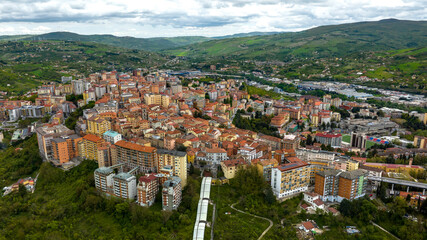 Aerial view of the historic center of the city of Potenza, in Basilicata, Italy. The old city is...