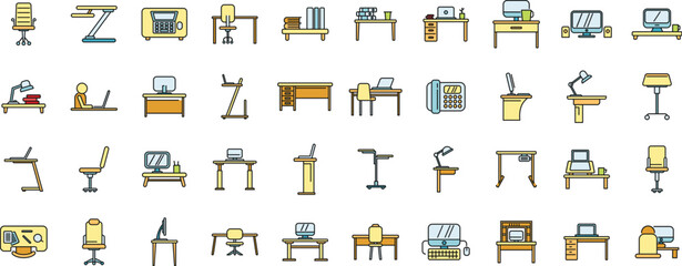 Ergonomic workplace icons set outline vector. Body chair. Comfort computer thin line color flat on white