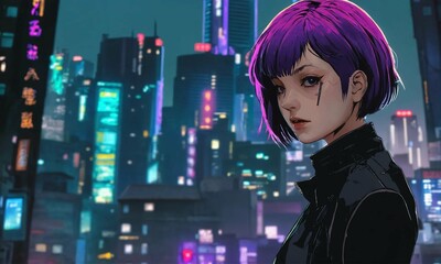 woman with purple short hair in the night cyberpunkcity