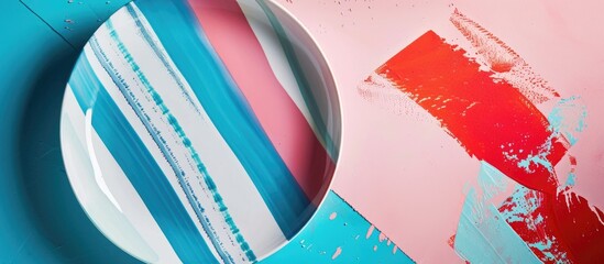 An overhead perspective of a plate featuring white stripes, alongside blue and pink hues, on a table of matching color.