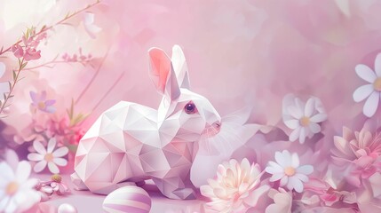 Geometric polygonal rabbit surrounded by spring flowers on a soft pink background. Digital art illustration.