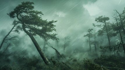 Mystical forest scene with birds flying amid heavy rain and fog.