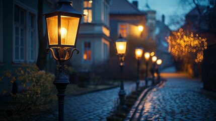 A row of vintage street lamps along an old cobblestone street at dusk, casting soft, warm light.