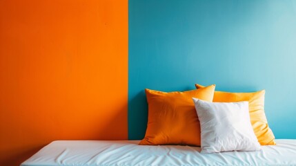 The background is completely mix Orange and blue with no texture and white pillow is in the right hand corner