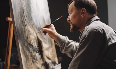 Mid-aged man painting on canvas with brush