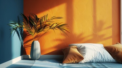 The background is completely mix Orange and blue with no texture and white pillow is in the right hand corner