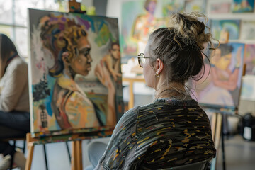 Fototapeta premium Participants in an art therapy session express subconscious thoughts through art - guided by a psychoanalytically trained therapist