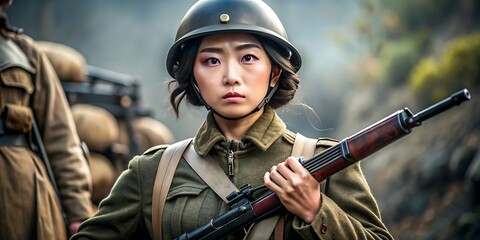  戦場の日本軍女性、銃を持つ, 武装した女性兵士、戦争のシーン