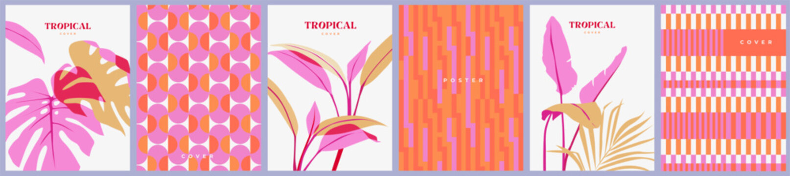 Creative concept of summer bright covers, cards or posters in minimal style for corporate identity, branding, social media ads, promo. Modern design template with tropical leaves and geometric pattern
