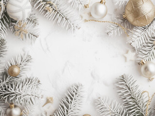 Fototapeta na wymiar Gold and White Christmas Decorations on Snowy Fir