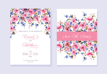 Wedding invitation card with beautiful blue and pink flowers
